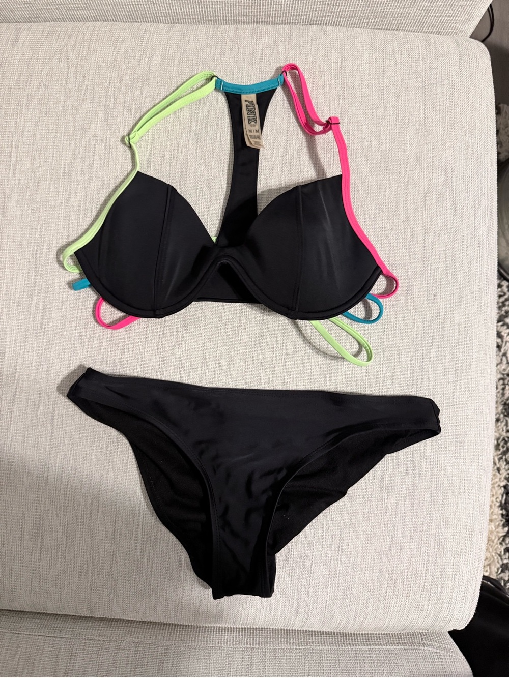 Xhilaration Black Bikini with Neon Pink, Neon Green & Aqua Trim
